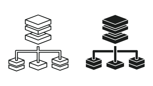 Vector illustration of two database or network architecture diagrams with block layers and connections in black and white