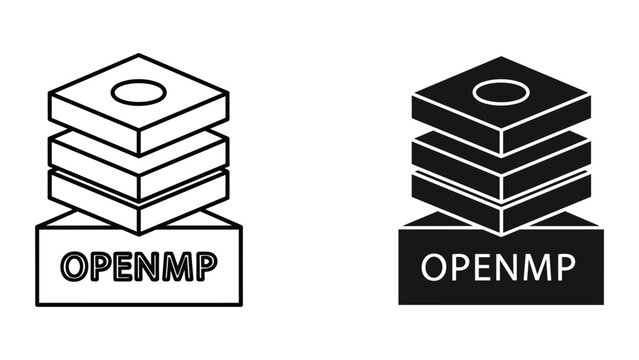 Openmp logo with stacked blocks and circle on top in black and white