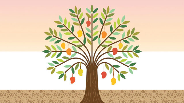 Mango Tree with Colorful Fruit Flat Vector on White Background