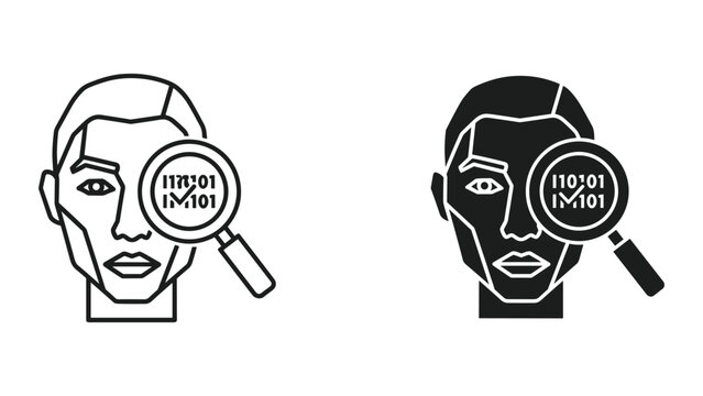 Vector illustration of two faces with magnifying glasses showing binary code on white background