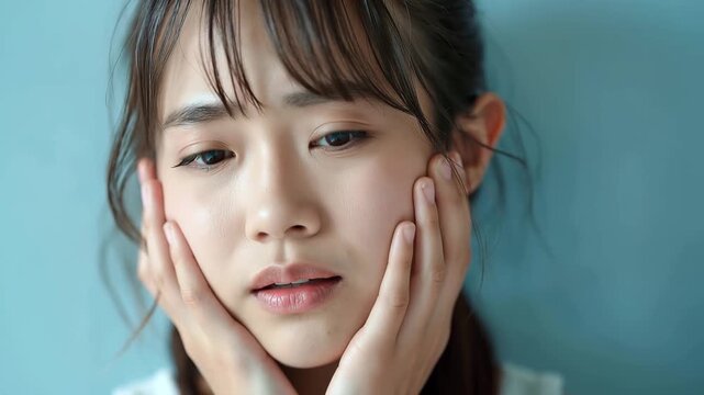 頬に両手を当てて辛そうな表情の若いアジア人女性