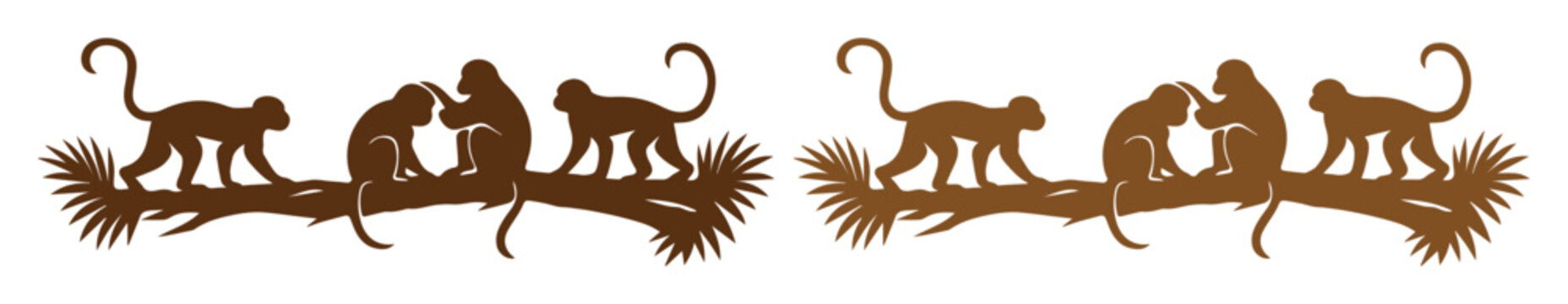 Charming monkey family silhouette vector art, brown primates on a tree branch, playful animal illustration, nature-inspired graphic resource for children's designs, jungle themes