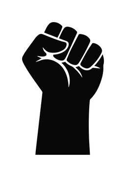 Black raised fist vector icon, powerful symbol of protest and solidarity. Graphic illustration of a clenched hand, representing strength and revolution