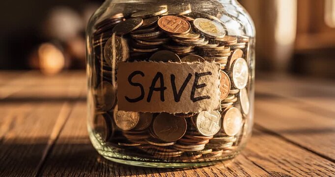 Glass jar filled with coins labeled 'SAVE' on a wooden table with soft sunlight in the background