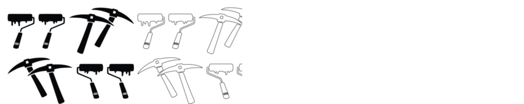 Industrial ice axe and rock hammer vector set, professional climbing gear icons, black and white mountaineering equipment collection for outdoor adventure