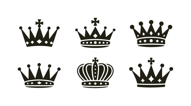 Heraldic crown set of minimalist vector silhouettes for royal badge and luxury brand identity.
