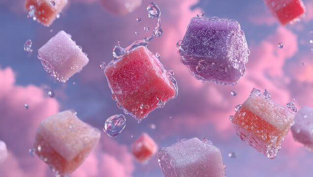 Sugared cubes float amidst a pastel sky, catching light
