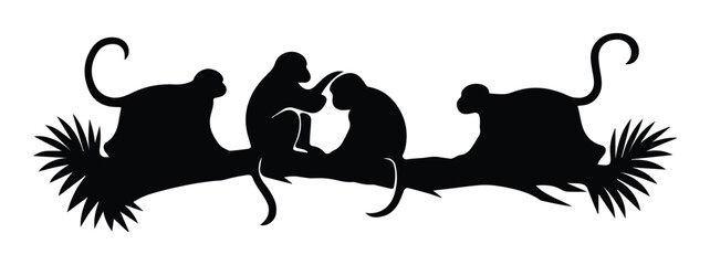 Black monkey silhouette group on jungle branch, wild primate family vector illustration, tropical animal silhouettes with palm leaves © Farzana