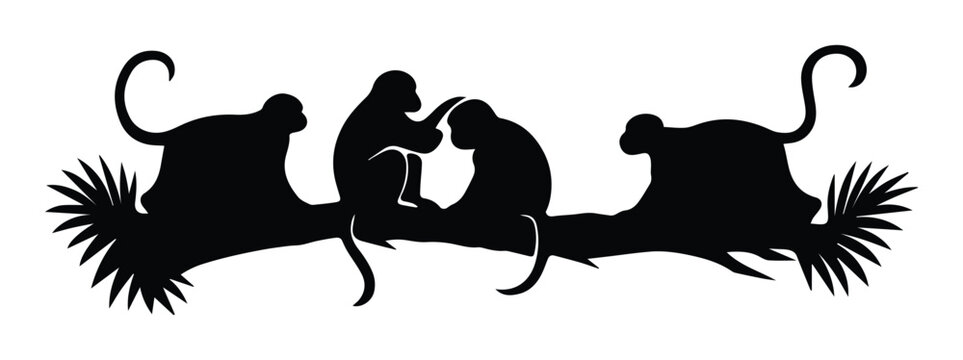 Black monkey silhouette group on jungle branch, wild primate family vector illustration, tropical animal silhouettes with palm leaves