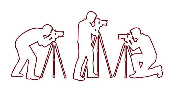 Minimalist photographer line art silhouettes, professional cameraman with tripod vector set, dark red outline photography icons for media production