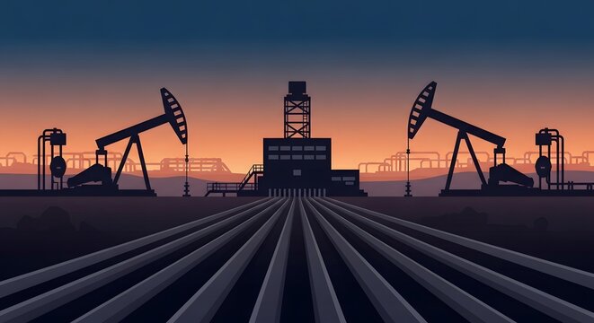 Oil pump jacks and pipelines at sunset industrial illustration