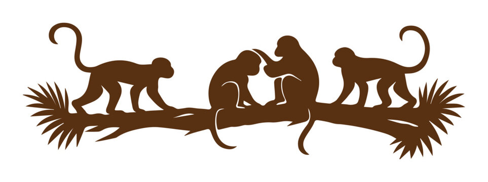 Brown monkey silhouette vector, group of monkeys on a tropical tree branch, wild primate family in jungle nature scene, animal wildlife illustration