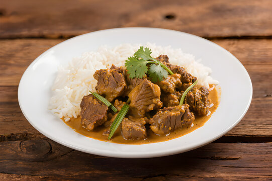 Indonesian Beef Rendang with Coconut Rice and Green Herbs, Close-Up, Traditional Minang Cuisine