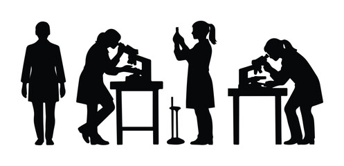 Science laboratory silhouettes, female scientists conducting research, medical professionals working with microscopes and test tubes, black vector illustration set for healthcare and education. © Shanza