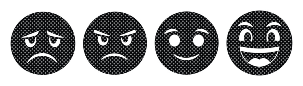 Emotional Emoticon Set, four black vector emoji icons depicting sad, angry, happy, and laughing expressions, perfect for user interface design and mood indicators