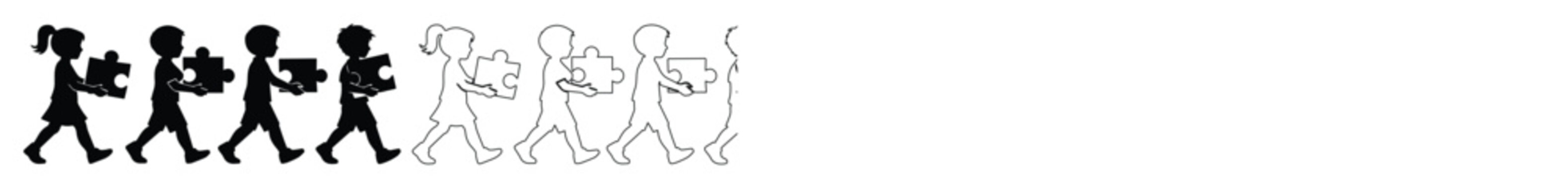Minimalist children silhouette icons carrying puzzle pieces, black and white kids teamwork vector, collaborative childhood education concept