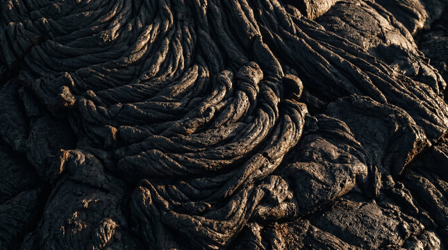Ropy pahoehoe lava flow texture under golden hour sunset light