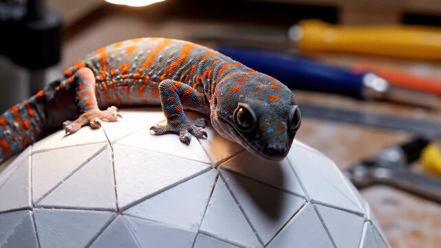 Close-up of a Colorful Gecko Resting on a Geometric Surface.