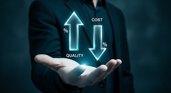 Businessman holding glowing holographic arrows demonstrating increased quality and decreased cost