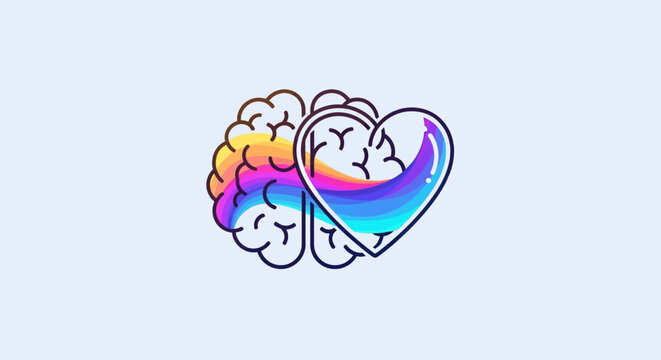 Vibrant illustration of a brain and heart merging with colorful rainbow gradients symbolizing