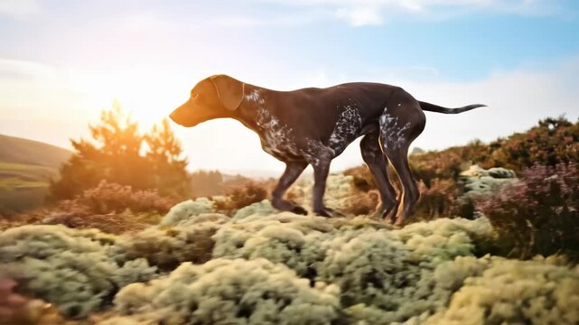 Dog in the field, hunting, nature, sunny day, beautiful landscape, animal.