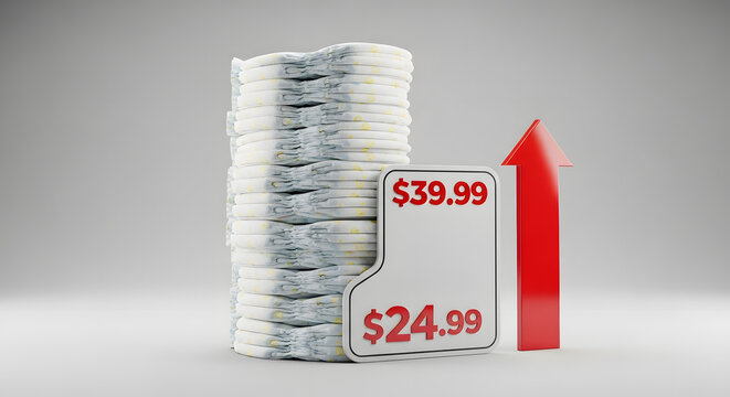 Diaper price increase concept with a stack of diapers and a price tag showing a higher price.