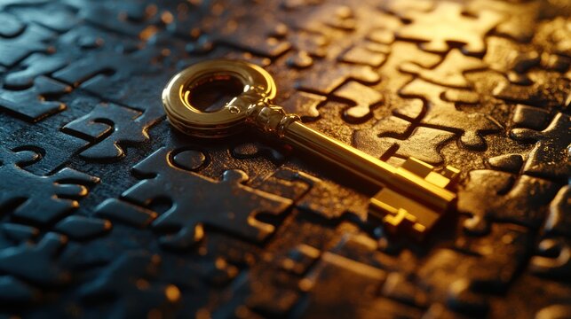 Golden antique key on dark puzzle background
