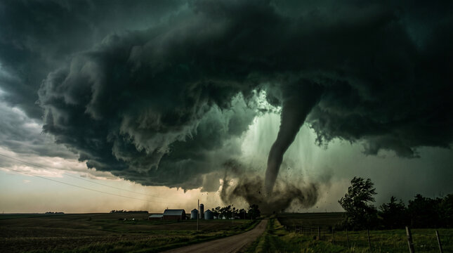 Powerful tornado touching down near rural farmhouse under dark storm clouds