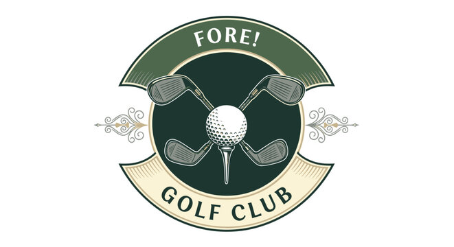 Golf club logo with golf ball and clubs.