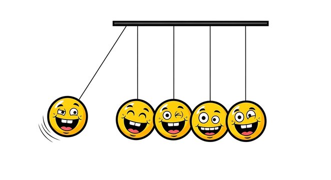 Newton's cradle with emoji balls demonstrating motion and emotion pendulum transfer reaction swinging expression laughter illustration technology