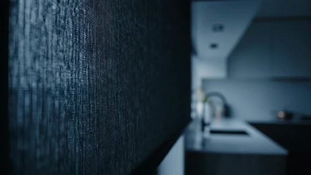 Close-up shot of woven window shades displaying natural light texture over a modern, minimalist kitchen background.