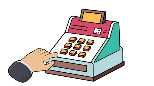 Cash register with hand. Cash register animation, alpha channel. Cartoon