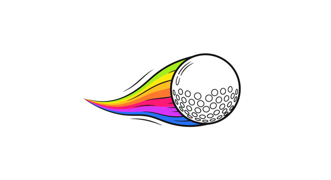 Dynamic golf ball with a vibrant rainbow trail vector illustration symbolizing speed and fun