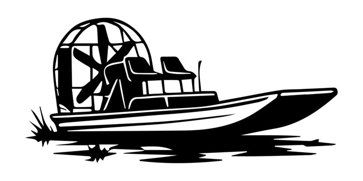 Black and white airboat vector illustration, swamp fan boat silhouette design
