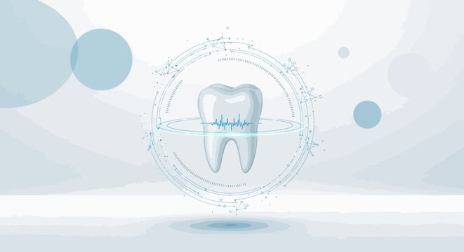 Futuristic digital tooth with circular data interface and health signal