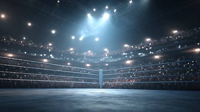 Boxing Ring Arena with Bright Lights and Spectators.