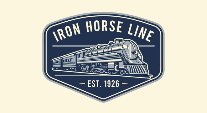 Vintage train logo with steam locomotive.
