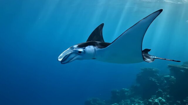 Majestic Manta Ray Gliding Through Crystal Clear Ocean Waters Near Coral Reef.