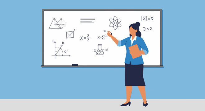 A female teacher explaining mathematical equations on a whiteboard.
