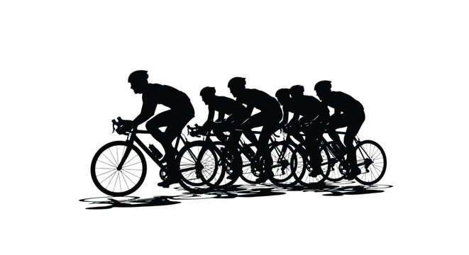 Dynamic vector illustration graphic design showcasing a professional peloton of cyclists in silhouette, engaged in competitive road racing, capturing the essence of athletic effort and synchronized mo