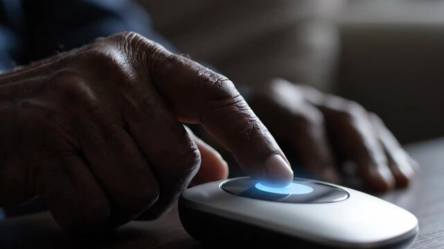 Close-up view of adult hands pointing and interacting with a computer mouse while working on a modern digital task.