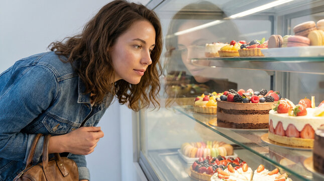 Woman admiring cakes in display case at a bakery shop  