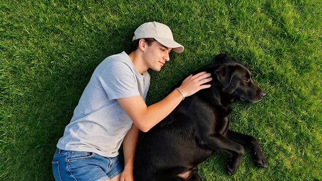 Young man petting dog on grass