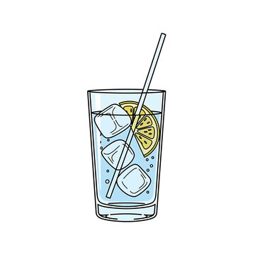 Refreshing glass of water with ice cubes lemon slice and straw
