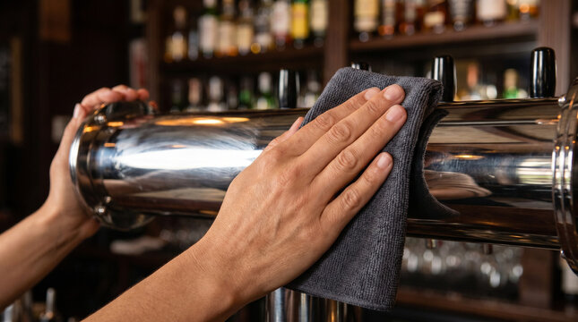 Bartender polishing chrome bar rail with cloth in pub environment  