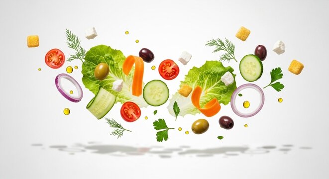 浮遊するカラフルなサラダ食材（ヘルシー・食材・広告）