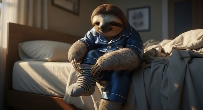 A sleepy sloth in pajamas sits on the edge of a bed in a sunlit room.