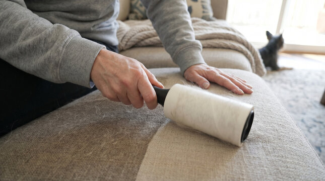 Removing pet hair with lint roller from couch in bright living room  