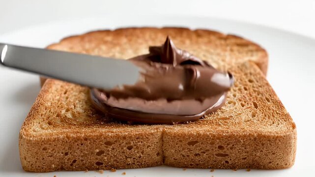Spreading Chocolate Hazelnut Spread On Golden Brown Toast With A Silver Knife On A White Plate