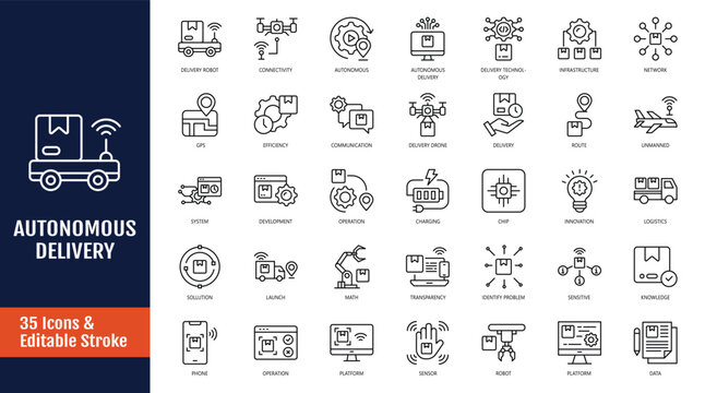 autonomous delivery icon set. Outline icon with Editable stroke. Vector illustration